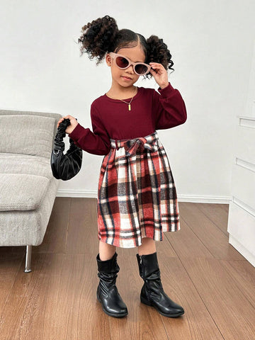 Young Girl Knit Solid Splice Woven Plaid Bodycon Casual Dress