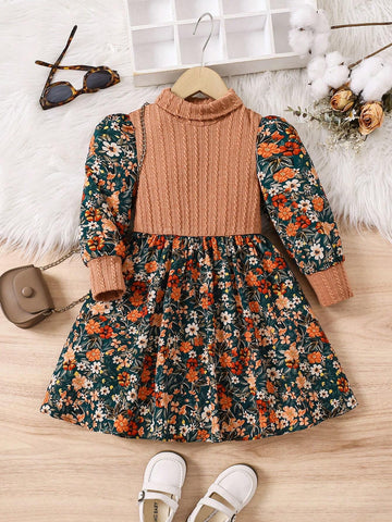 Young Girl Knit Solid Stand Collar Patchwork Floral Mixed Media Casual Midi Dress