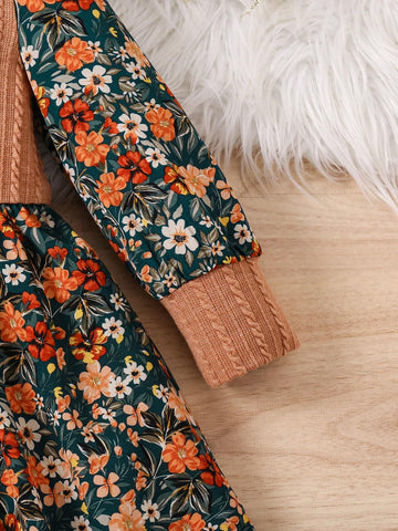 Young Girl Knit Solid Stand Collar Patchwork Floral Mixed Media Casual Midi Dress