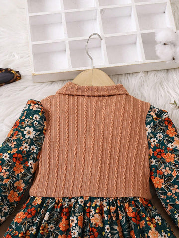 Young Girl Knit Solid Stand Collar Patchwork Floral Mixed Media Casual Midi Dress