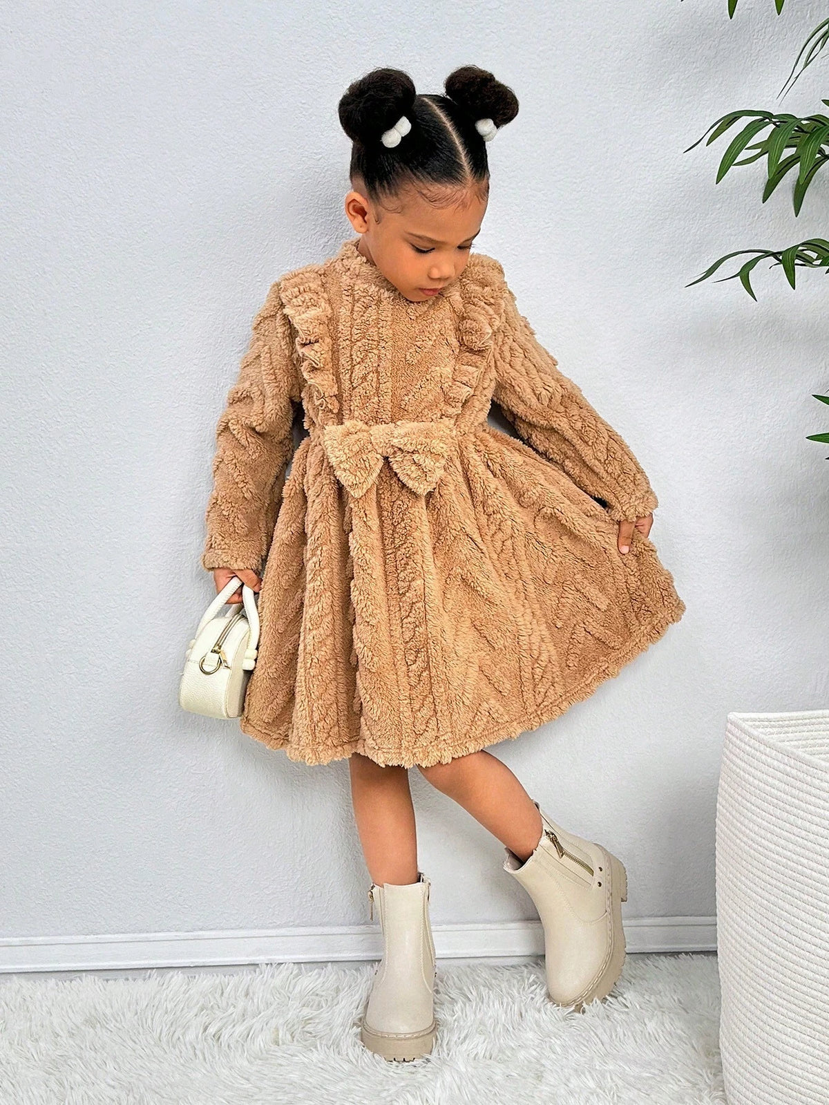 Young Girl Knit Stand Collar Ruffle Trim Fluffy Loose-Fit Casual Dress