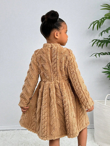 Young Girl Knit Stand Collar Ruffle Trim Fluffy Loose-Fit Casual Dress
