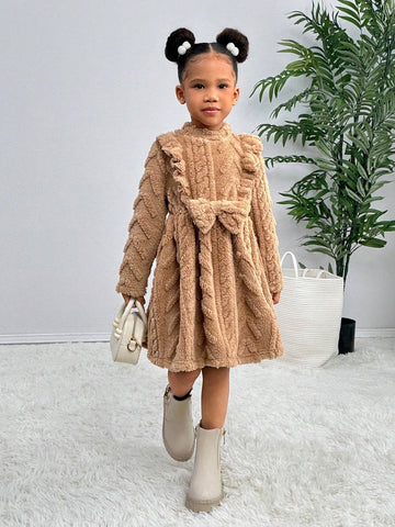 Young Girl Knit Stand Collar Ruffle Trim Fluffy Loose-Fit Casual Dress