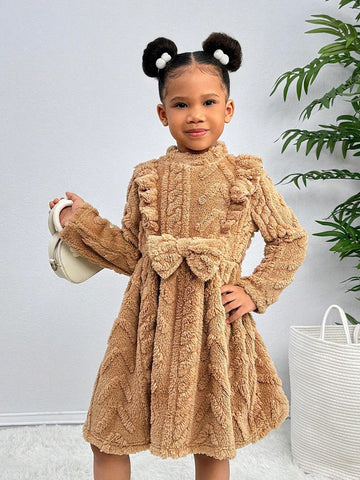 Young Girl Knit Stand Collar Ruffle Trim Fluffy Loose-Fit Casual Dress