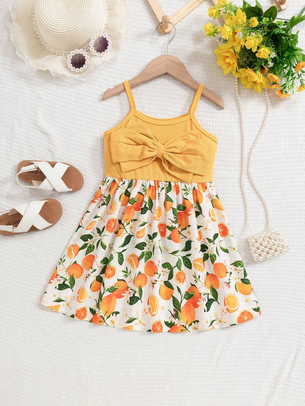 Young Girl Knit Warm And Cozy Lemon Printed Dress With Big Bow-Knot And A-Line Hem, Perfect For Beach Vacation