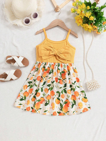 Young Girl Knit Warm And Cozy Lemon Printed Dress With Big Bow-Knot And A-Line Hem, Perfect For Beach Vacation