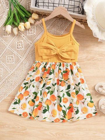 Young Girl Knit Warm And Cozy Lemon Printed Dress With Big Bow-Knot And A-Line Hem, Perfect For Beach Vacation