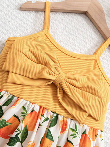 Young Girl Knit Warm And Cozy Lemon Printed Dress With Big Bow-Knot And A-Line Hem, Perfect For Beach Vacation