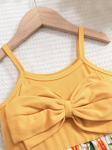 Young Girl Knit Warm And Cozy Lemon Printed Dress With Big Bow-Knot And A-Line Hem, Perfect For Beach Vacation