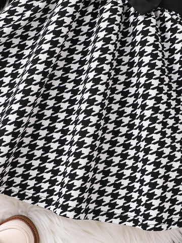 Young Girl Knitted Black Round Neck Plaid Waist Stereo Bow Fit Casual Dress,Christmas Dress