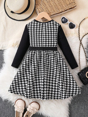 Young Girl Knitted Black Round Neck Plaid Waist Stereo Bow Fit Casual Dress,Christmas Dress