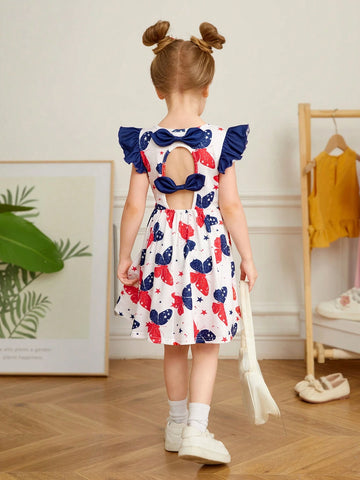 Young Girl Knitted Butterfly Patterned Back Hollow Out Round Neck Cap Sleeve Dress