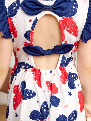 Young Girl Knitted Butterfly Patterned Back Hollow Out Round Neck Cap Sleeve Dress