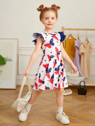 Young Girl Knitted Butterfly Patterned Back Hollow Out Round Neck Cap Sleeve Dress