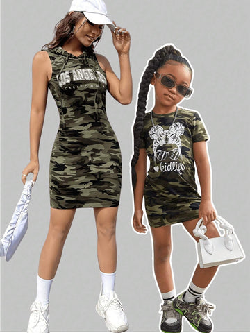 Young Girl Knitted Camouflage Pattern Round Neck Bodycon Casual Dress