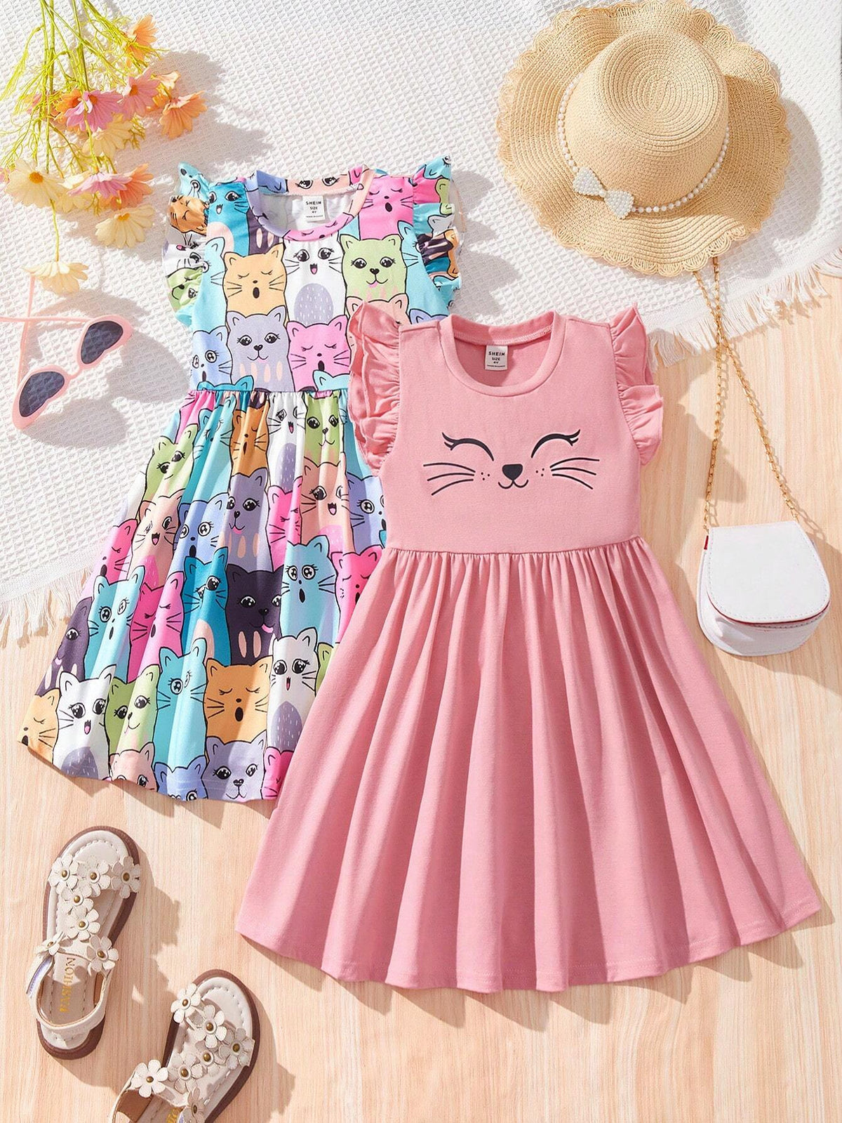 Young Girl Knitted Cartoon Printed Round Neck Short Sleeves Casual Dress 2pcs/Set