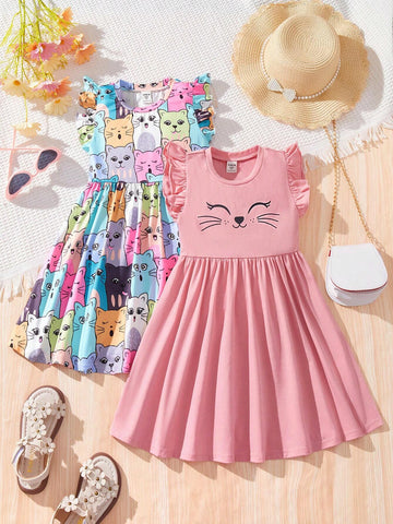 Young Girl Knitted Cartoon Printed Round Neck Short Sleeves Casual Dress 2pcs/Set