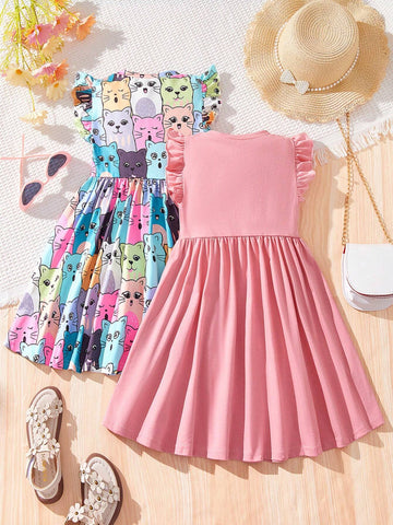 Young Girl Knitted Cartoon Printed Round Neck Short Sleeves Casual Dress 2pcs/Set