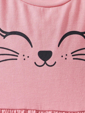 Young Girl Knitted Cartoon Printed Round Neck Short Sleeves Casual Dress 2pcs/Set