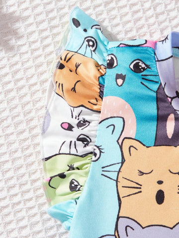 Young Girl Knitted Cartoon Printed Round Neck Short Sleeves Casual Dress 2pcs/Set