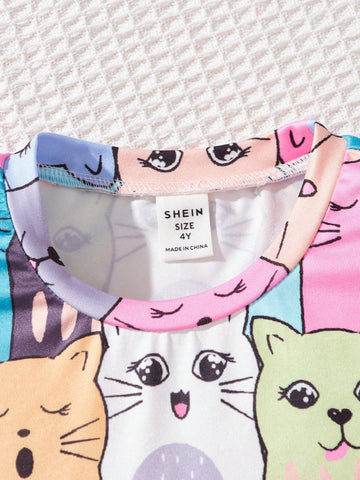 Young Girl Knitted Cartoon Printed Round Neck Short Sleeves Casual Dress 2pcs/Set