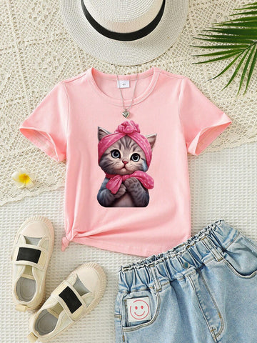 Young Girl Knitted Casual Cartoon Letter Print Round Neck T-Shirt, Suitable For Daily Wear In Spring And Summer