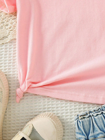 Young Girl Knitted Casual Cartoon Letter Print Round Neck T-Shirt, Suitable For Daily Wear In Spring And Summer
