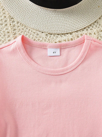 Young Girl Knitted Casual Cartoon Letter Print Round Neck T-Shirt, Suitable For Daily Wear In Spring And Summer