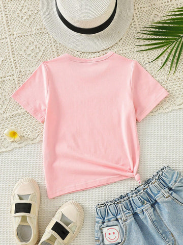 Young Girl Knitted Casual Cartoon Letter Print Round Neck T-Shirt, Suitable For Daily Wear In Spring And Summer
