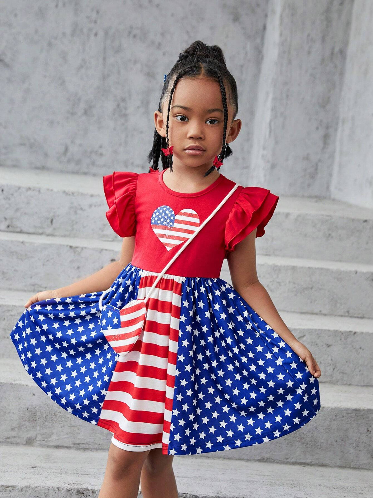 Young Girl Knitted Casual Dress With American Flag Pattern, Round Neckline And Short Sleeves