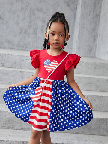 Young Girl Knitted Casual Dress With American Flag Pattern, Round Neckline And Short Sleeves