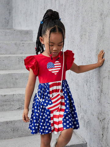 Young Girl Knitted Casual Dress With American Flag Pattern, Round Neckline And Short Sleeves