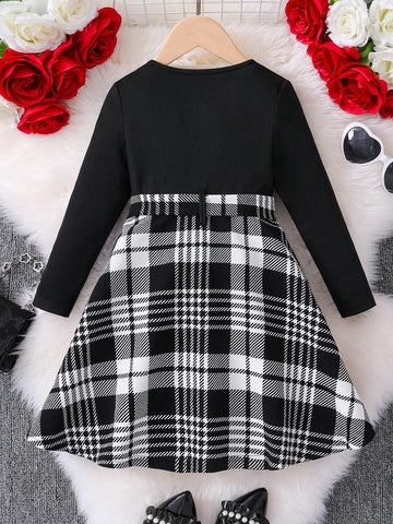 Young Girl Knitted Clear Color Round Neck Love Print Plaid Fitted Dress,Casual Preppy Style, Suitable For Autumn/Winter