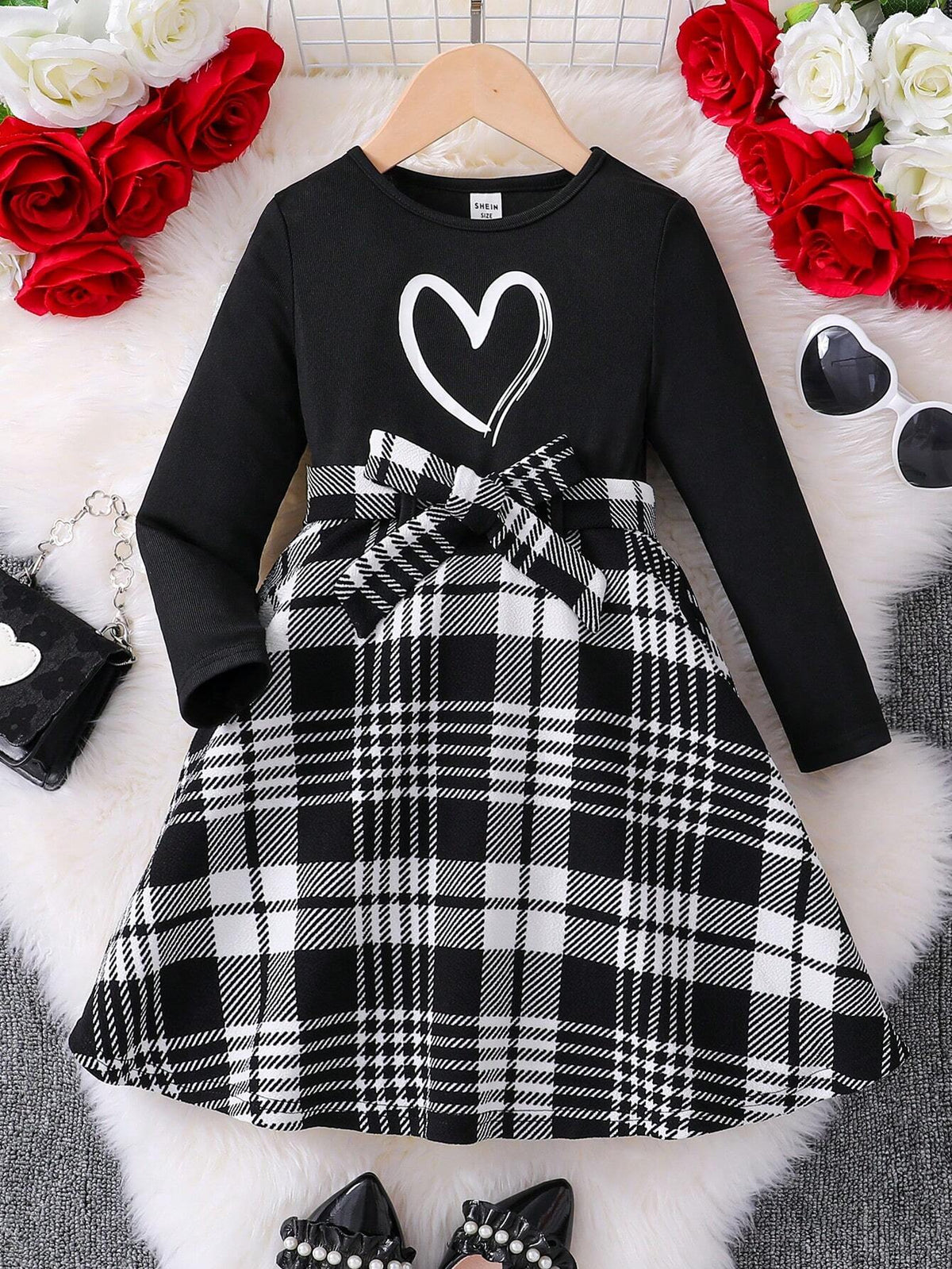 Young Girl Knitted Clear Color Round Neck Love Print Plaid Fitted Dress,Casual Preppy Style, Suitable For Autumn/Winter