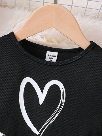 Young Girl Knitted Clear Color Round Neck Love Print Plaid Fitted Dress,Casual Preppy Style, Suitable For Autumn/Winter