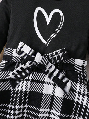 Young Girl Knitted Clear Color Round Neck Love Print Plaid Fitted Dress,Casual Preppy Style, Suitable For Autumn/Winter