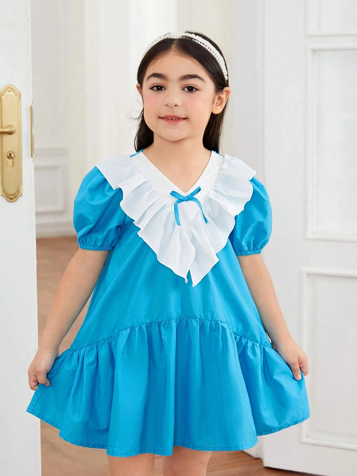 Young Girl Knitted Color-Block Dress With Ruffle Collar And Bowknot, Retro Style