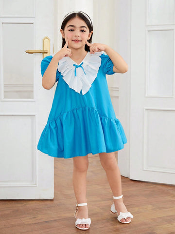 Young Girl Knitted Color-Block Dress With Ruffle Collar And Bowknot, Retro Style