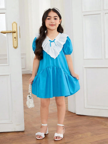 Young Girl Knitted Color-Block Dress With Ruffle Collar And Bowknot, Retro Style