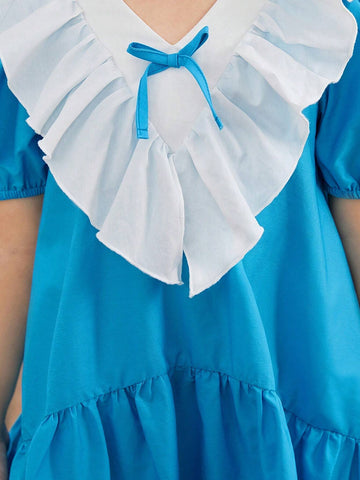 Young Girl Knitted Color-Block Dress With Ruffle Collar And Bowknot, Retro Style
