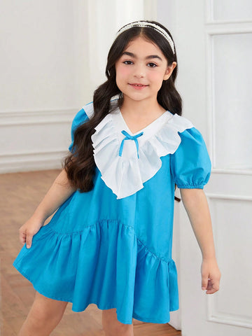 Young Girl Knitted Color-Block Dress With Ruffle Collar And Bowknot, Retro Style