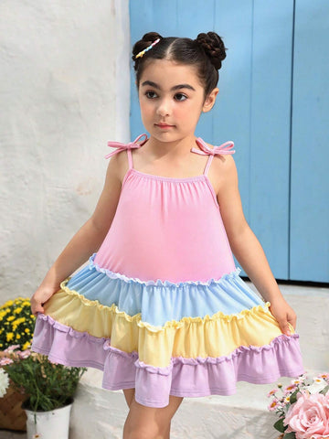 Young Girl Knitted Color-Block Loose Sleeveless Cami Dress, Perfect For Summer Vacation