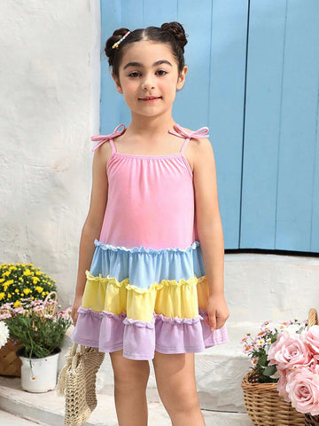 Young Girl Knitted Color-Block Loose Sleeveless Cami Dress, Perfect For Summer Vacation