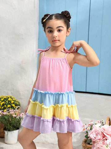 Young Girl Knitted Color-Block Loose Sleeveless Cami Dress, Perfect For Summer Vacation