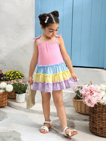 Young Girl Knitted Color-Block Loose Sleeveless Cami Dress, Perfect For Summer Vacation