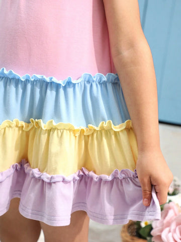 Young Girl Knitted Color-Block Loose Sleeveless Cami Dress, Perfect For Summer Vacation