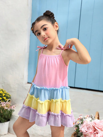 Young Girl Knitted Color-Block Loose Sleeveless Cami Dress, Perfect For Summer Vacation