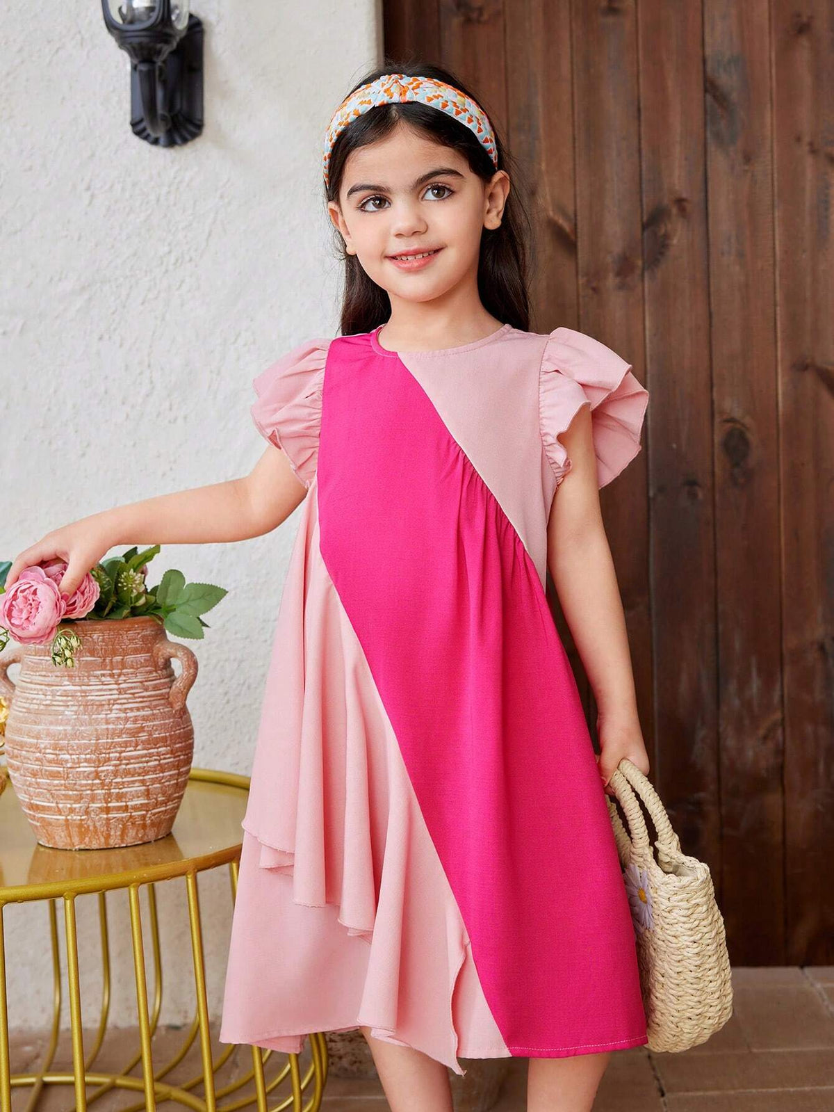 Young Girl Knitted Color-Block Round Neck Cap Sleeve Loose Casual Dress