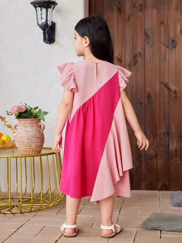 Young Girl Knitted Color-Block Round Neck Cap Sleeve Loose Casual Dress