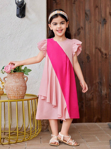 Young Girl Knitted Color-Block Round Neck Cap Sleeve Loose Casual Dress